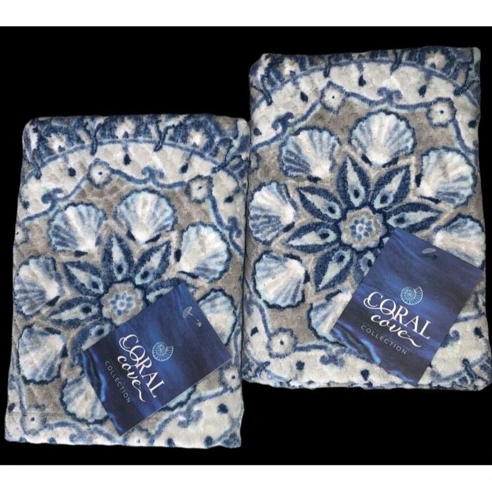 Coral Cove Shell Medallion Plush Hand Towels Set of 2 Beach Summer House Blue